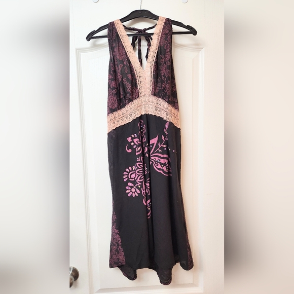 Pink Floral & Lace Halter Summer Sun Halter Dress Size M-L - Picture 3 of 5